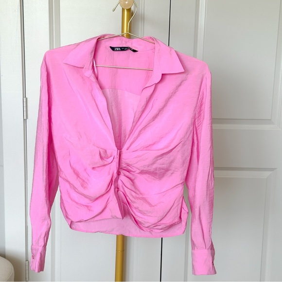 Zara Pink Ruched Long Sleeve Button Down Shirt - Picture 8 of 12